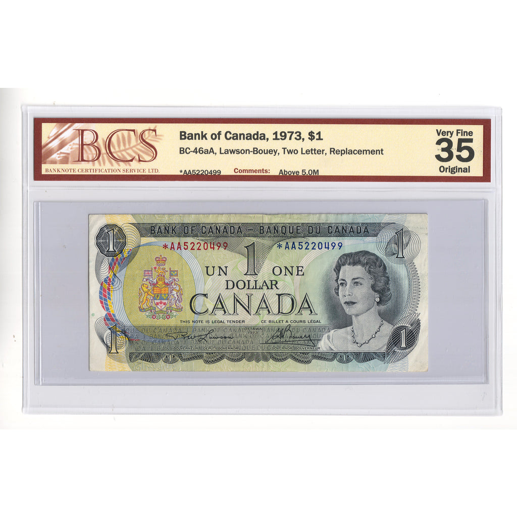 BC-46aA 1973 Canada $1 L-B, Two Letter, Replacement, *AA Above 5.0M BCS Cert VF35 Orig