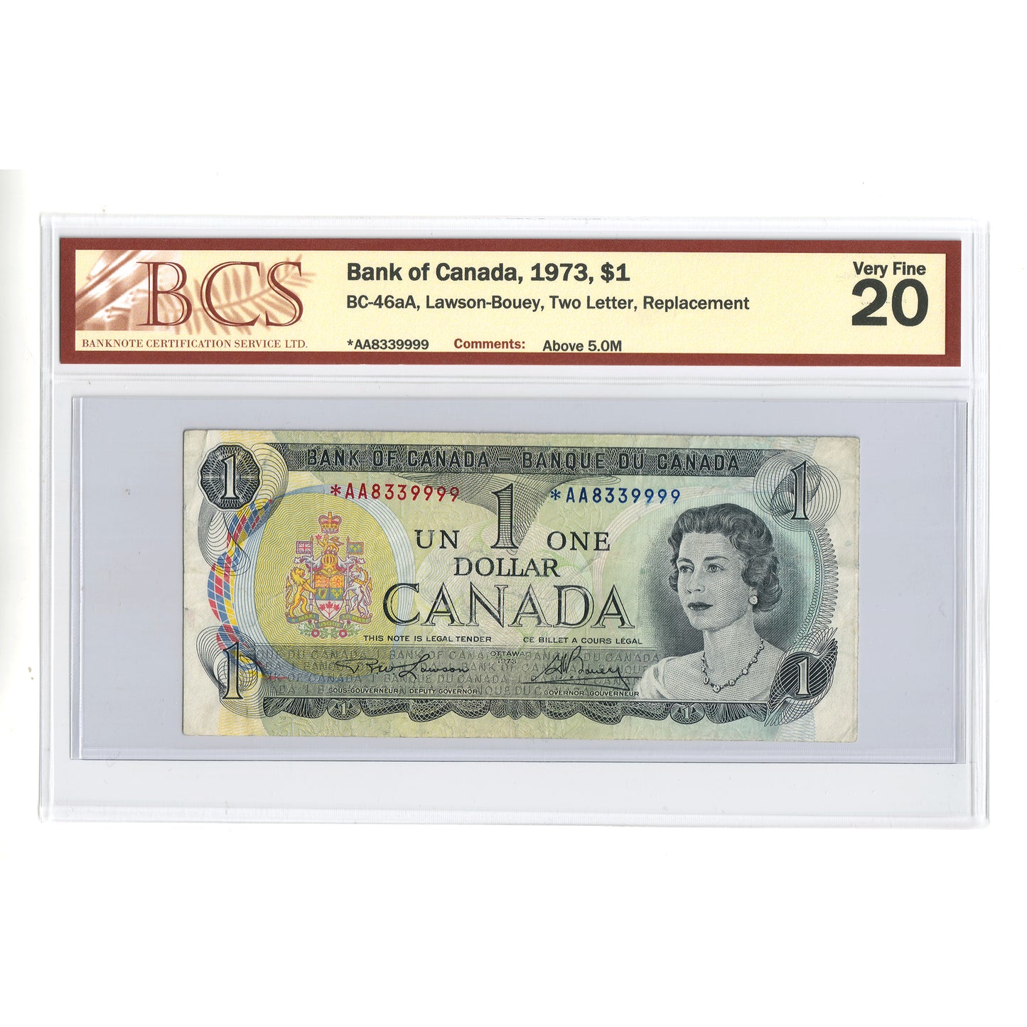 BC-46aA 1973 Canada $1 L-B, Two Letter, Replacement, *AA Above 5.0M BCS Cert VF20 Orig