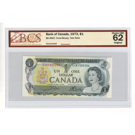 BC-46bT 1973 Canada $1 Crow-Bouey, Test Note, EXA BCS Certified CUNC62 Original