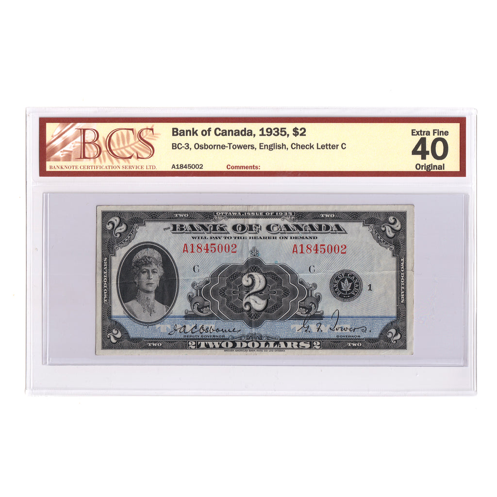 BC-3 1935 Canada $2 Osborne-Towers, English, Check Letter C, BCS Certified EF40 Original