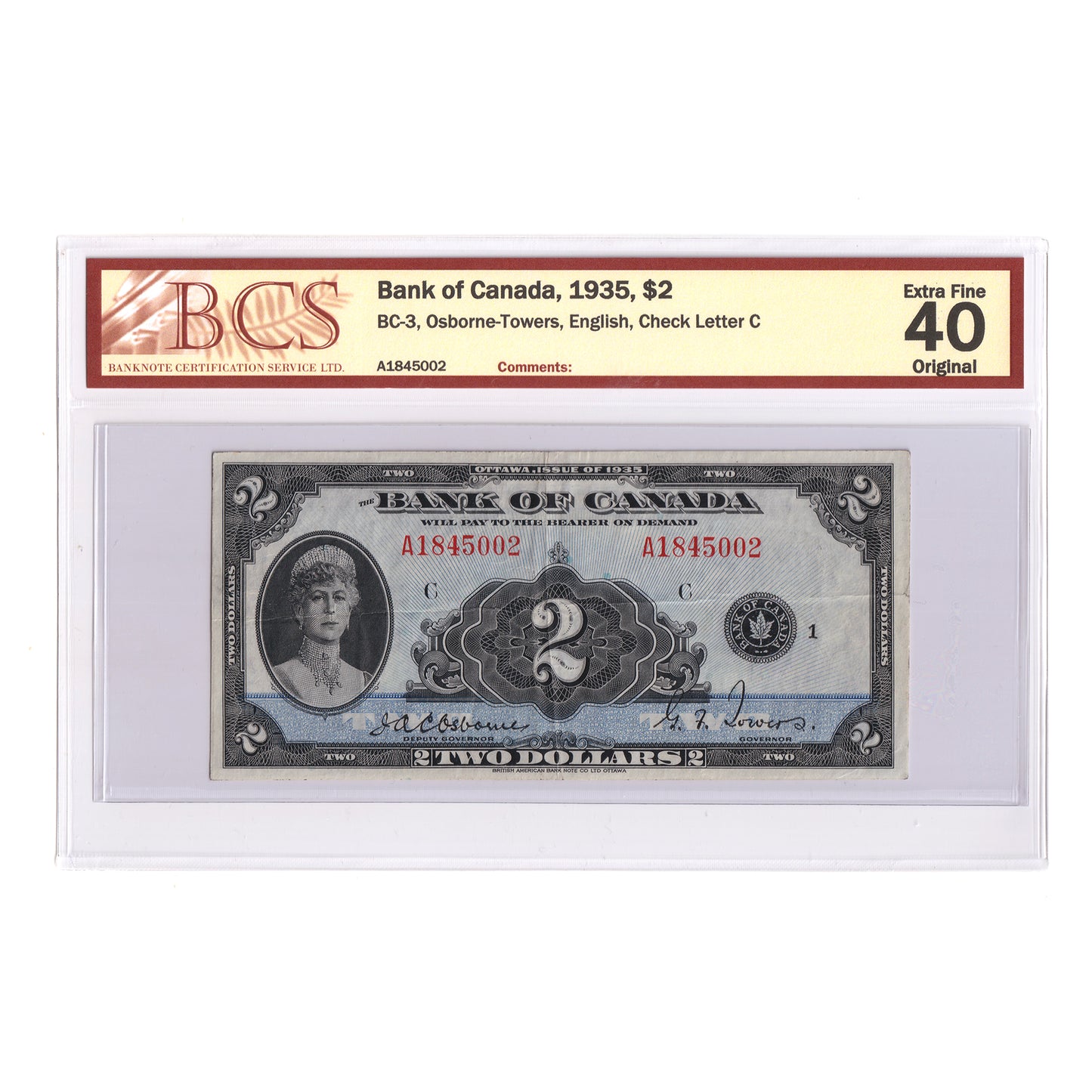 BC-3 1935 Canada $2 Osborne-Towers, English, Check Letter C, BCS Certified EF40 Original