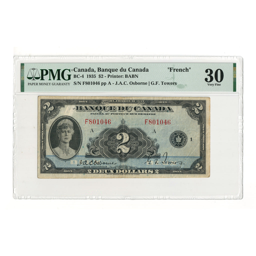 BC-4 1935 Canada $2 Osborne-Towers, French, Check Letter A, PMG Certified VF30