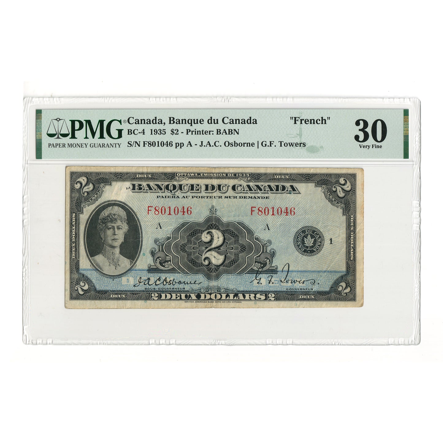 BC-4 1935 Canada $2 Osborne-Towers, French, Check Letter A, PMG Certified VF30