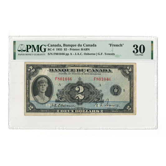 BC-4 1935 Canada $2 Osborne-Towers, French, Check Letter A, PMG Certified VF30