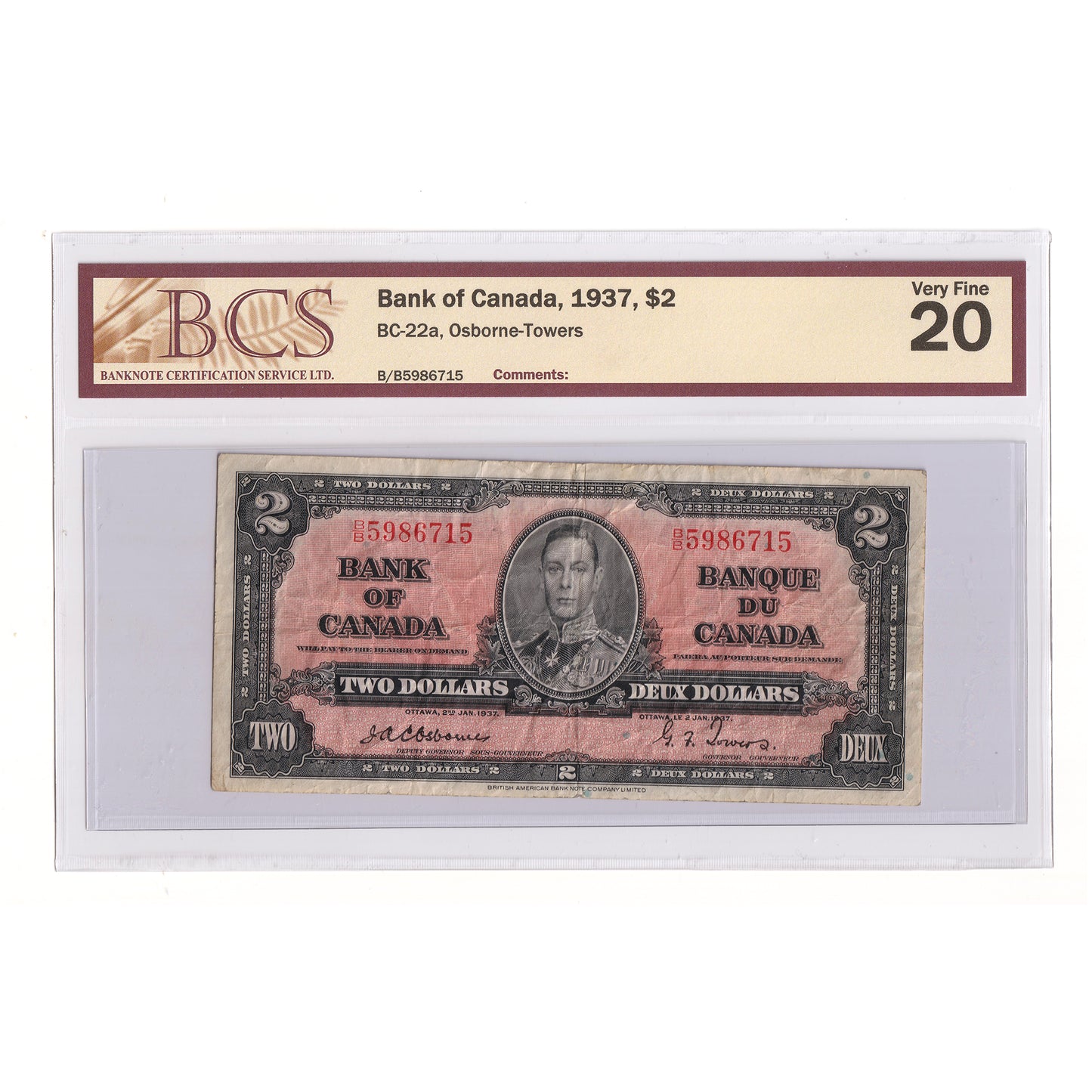 BC-22a 1937 Canada $2 Osborne-Towers, B/B BCS Certified VF20