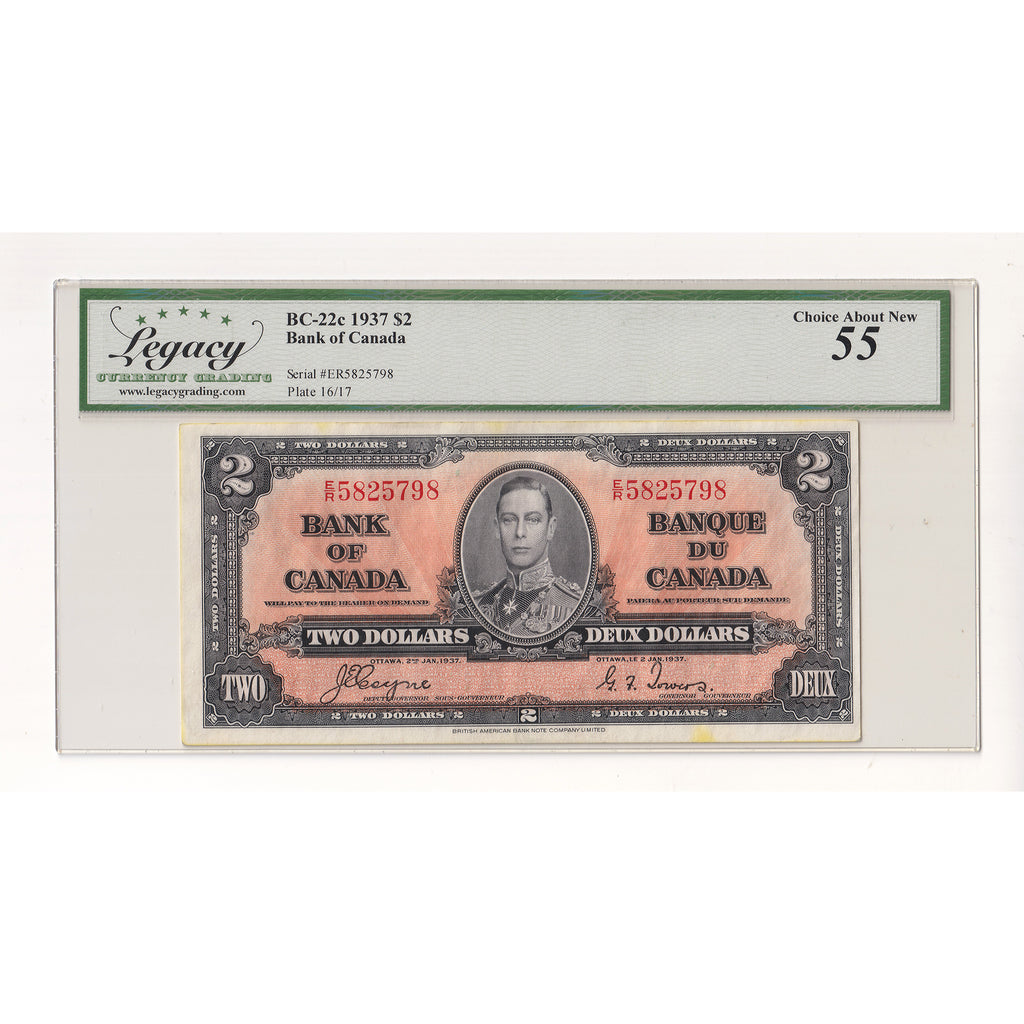 BC-22c 1937 Canada $2 Coyne-Towers, E/R Legacy Certified AU55