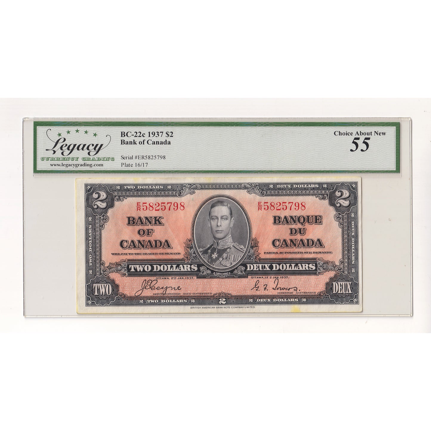 BC-22c 1937 Canada $2 Coyne-Towers, E/R Legacy Certified AU55