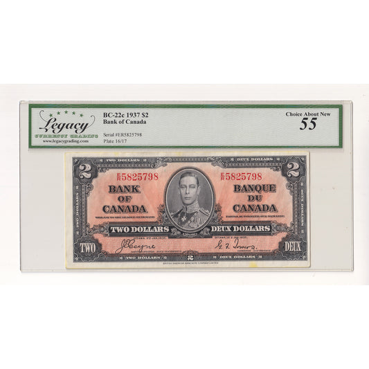 BC-22c 1937 Canada $2 Coyne-Towers, E/R Legacy Certified AU55