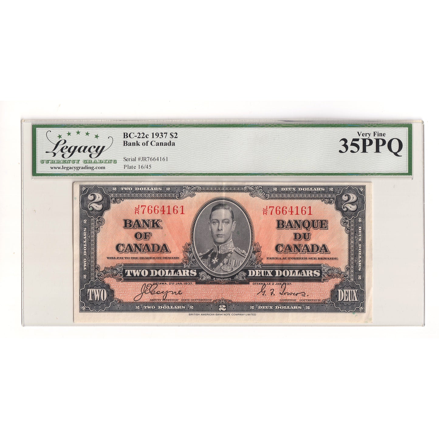 BC-22c 1937 Canada $2 Coyne-Towers, J/R Legacy Certified VF35 PPQ