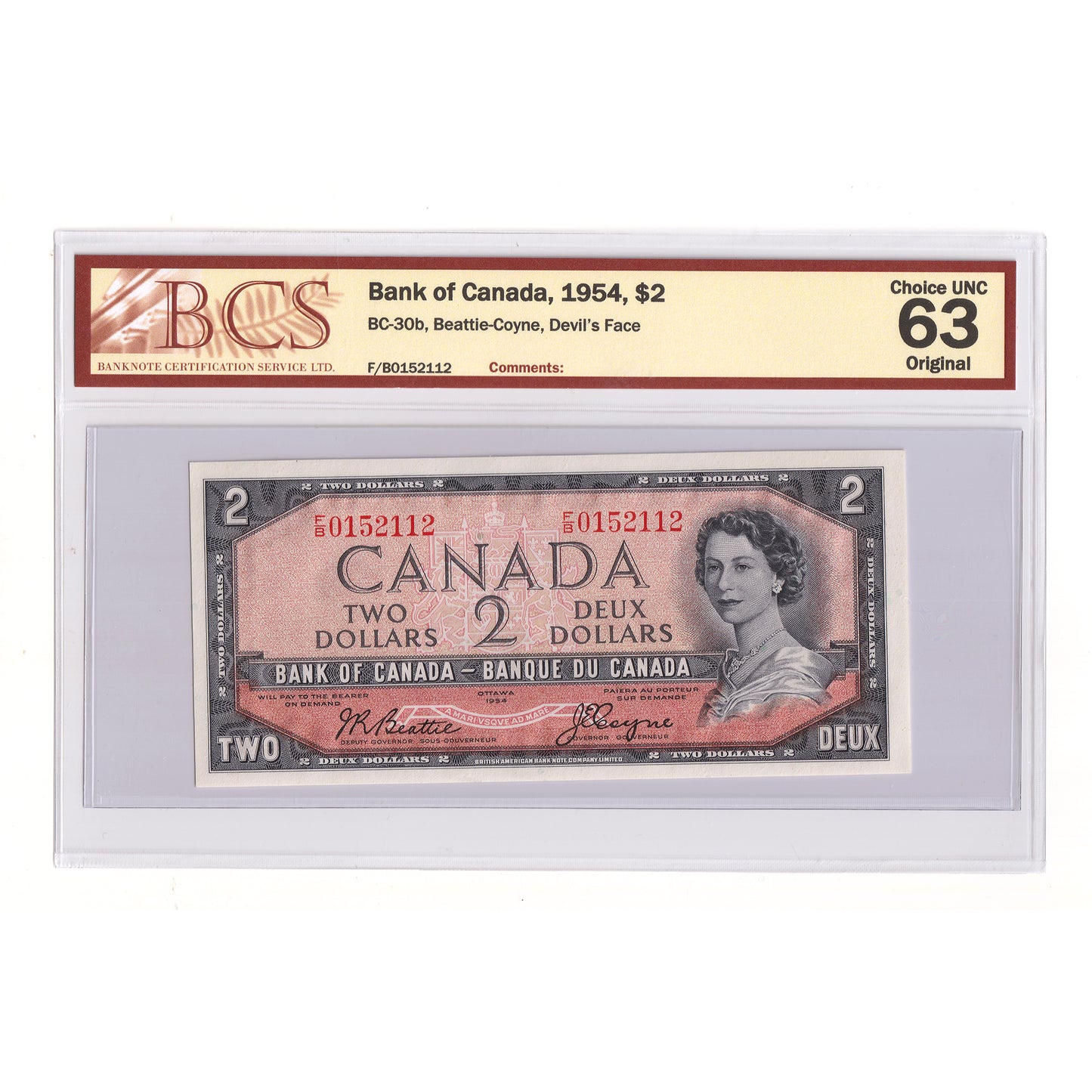 BC-30b 1954 Canada $2 Beattie-Coyne, Devil's Face, F/B BCS Certified CUNC63 Original