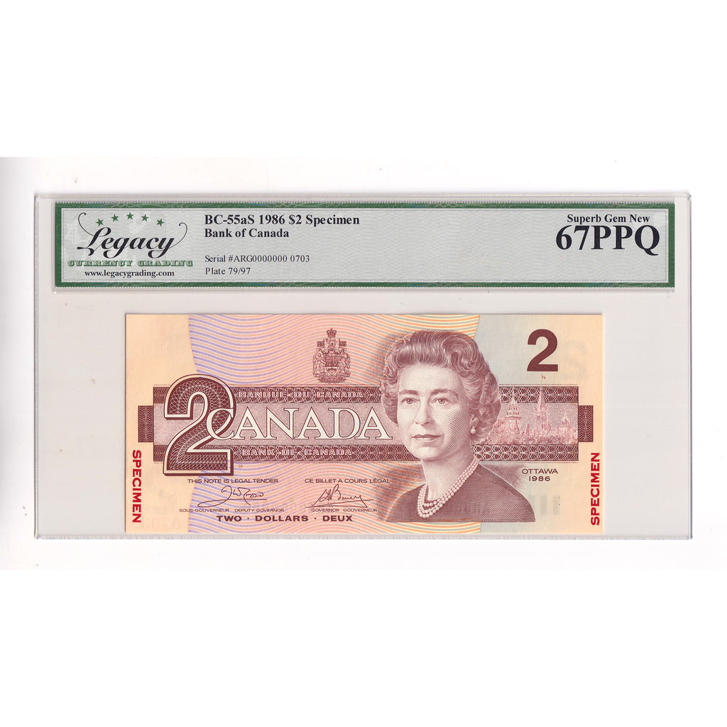 BC-55aS 1986 Canada $2 Crow-Bouey, Specimen 0703, ARG Legacy Certified GUNC67 PPQ