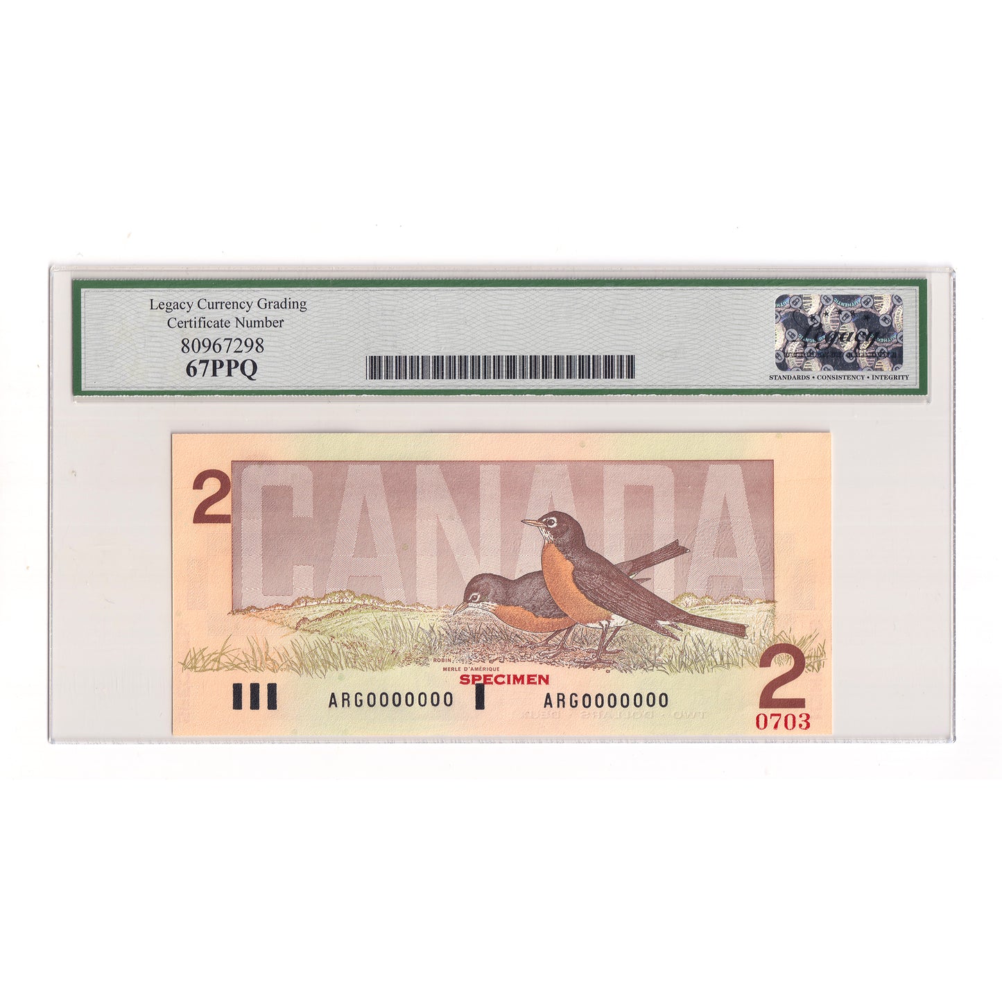 BC-55aS 1986 Canada $2 Crow-Bouey, Specimen 0703, ARG Legacy Certified GUNC67 PPQ