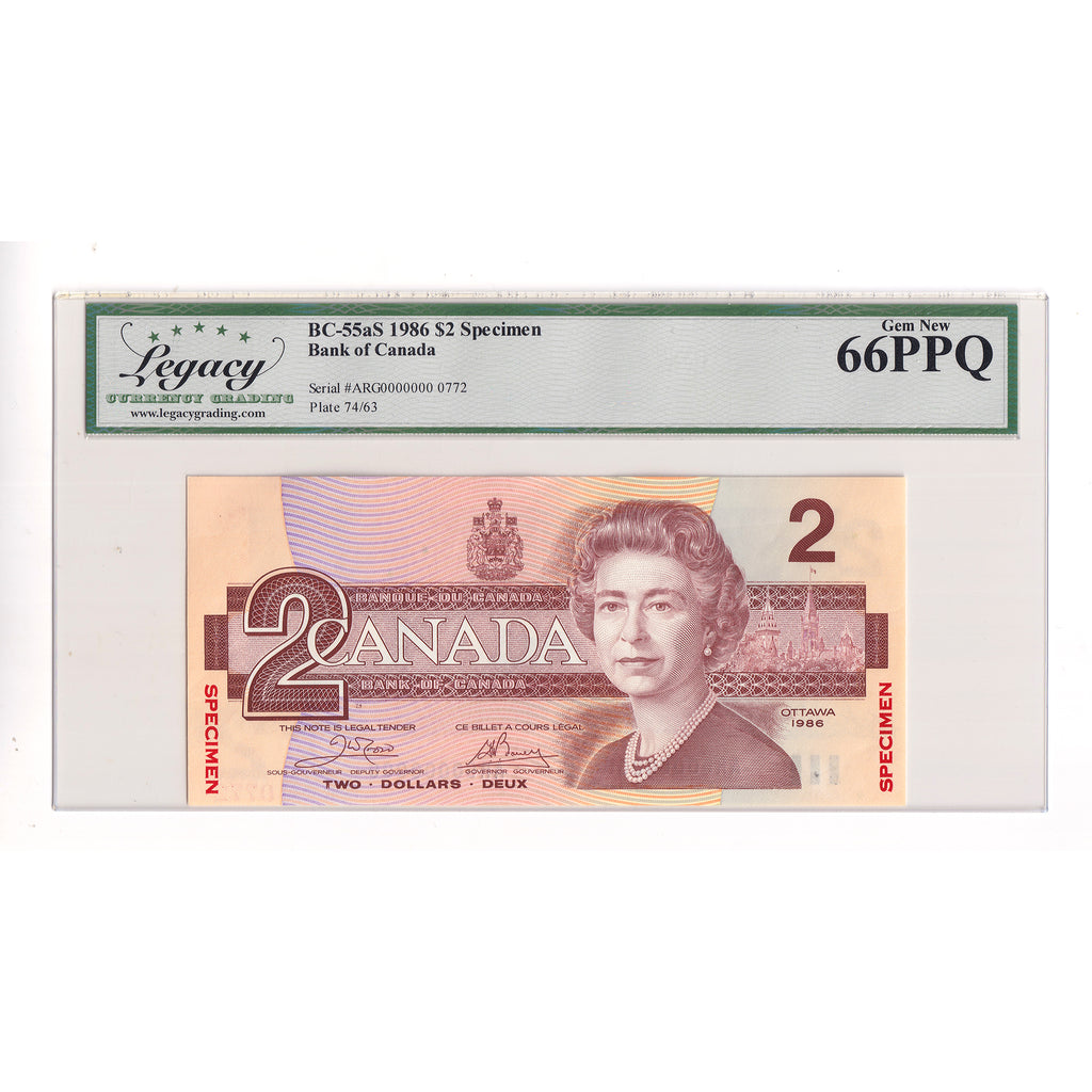 BC-55aS 1986 Canada $2 Crow-Bouey, Specimen 0772, ARG Legacy Certified GUNC66 PPQ