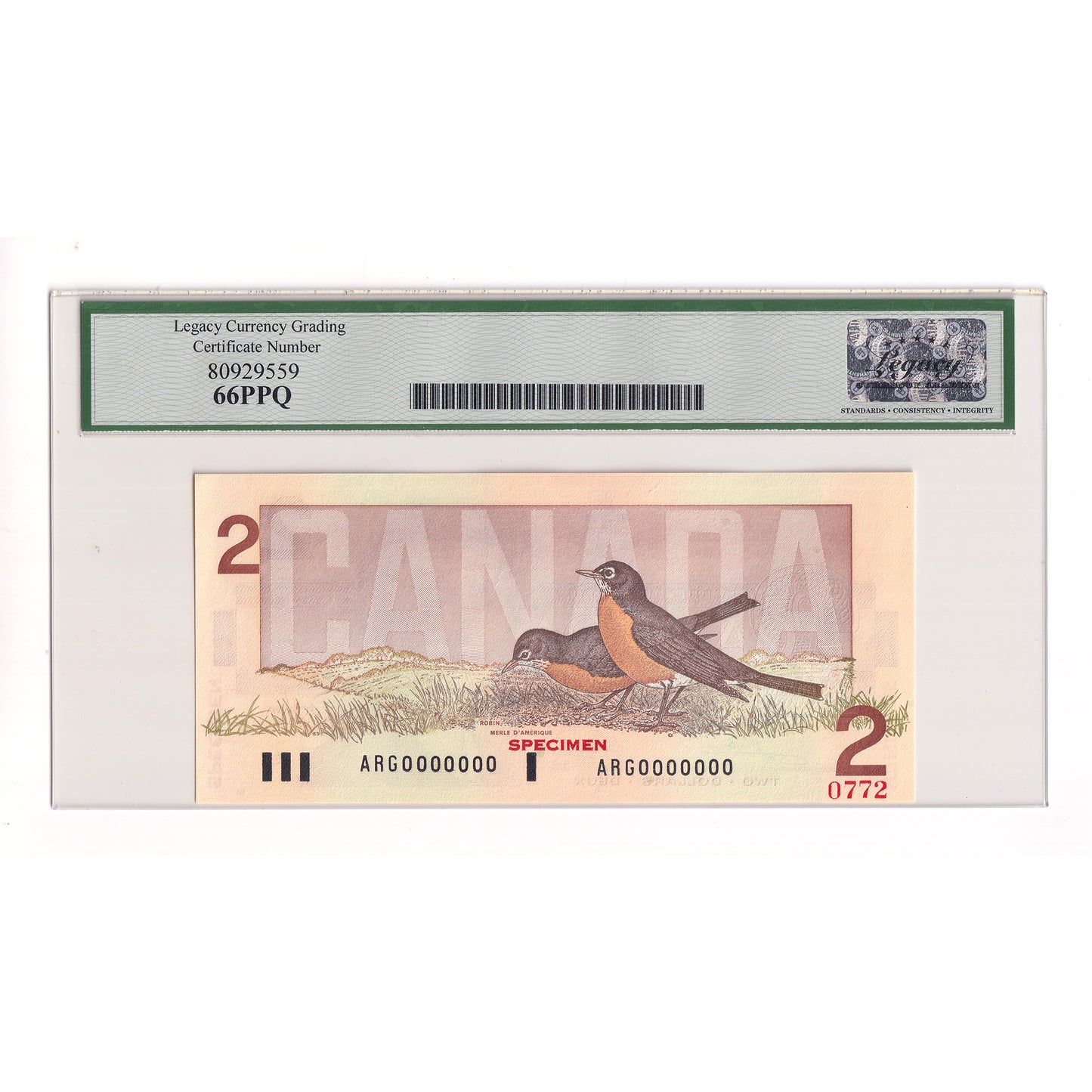 BC-55aS 1986 Canada $2 Crow-Bouey, Specimen 0772, ARG Legacy Certified GUNC66 PPQ