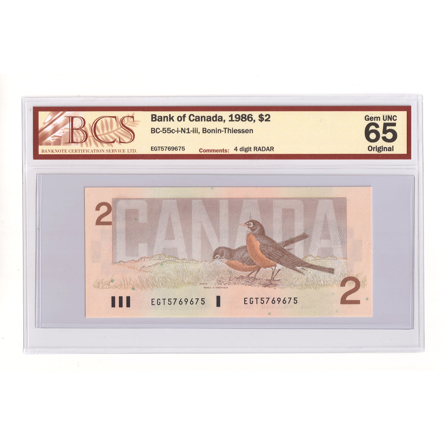 BC-55c-i-N1-iii 1986 Canada $2 B-T, 4 Digit RADAR EGT5769675 BCS Cert GUNC65 Original