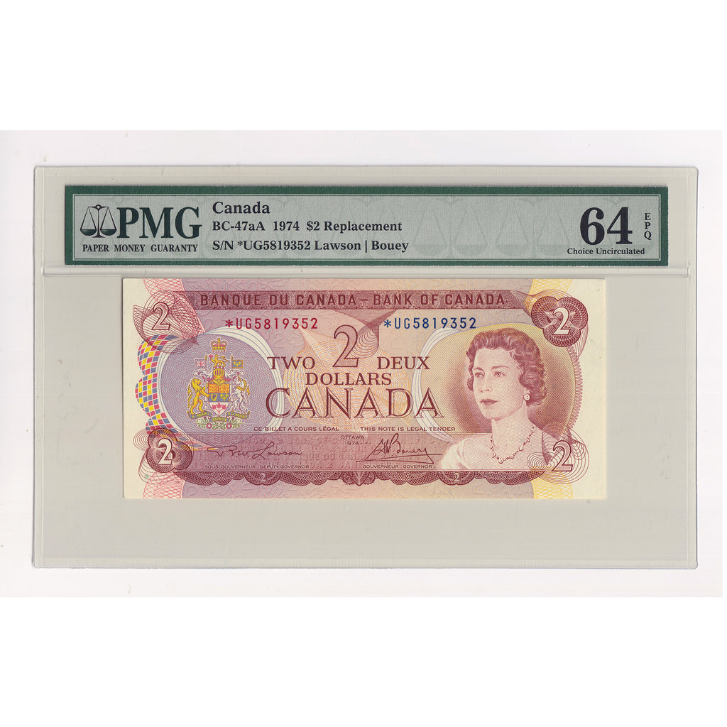 BC-47aA 1974 Canada $2 Lawson-Bouey, Two Letter, Replacement, *UG PMG Cert CUNC64 EPQ