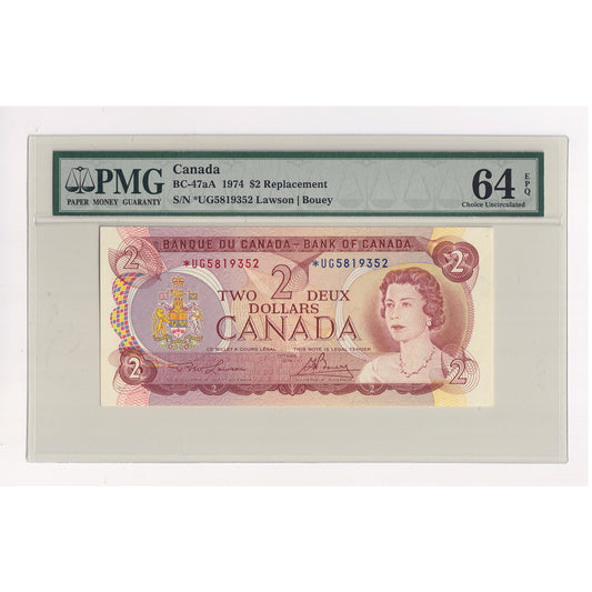 BC-47aA 1974 Canada $2 Lawson-Bouey, Two Letter, Replacement, *UG PMG Cert CUNC64 EPQ