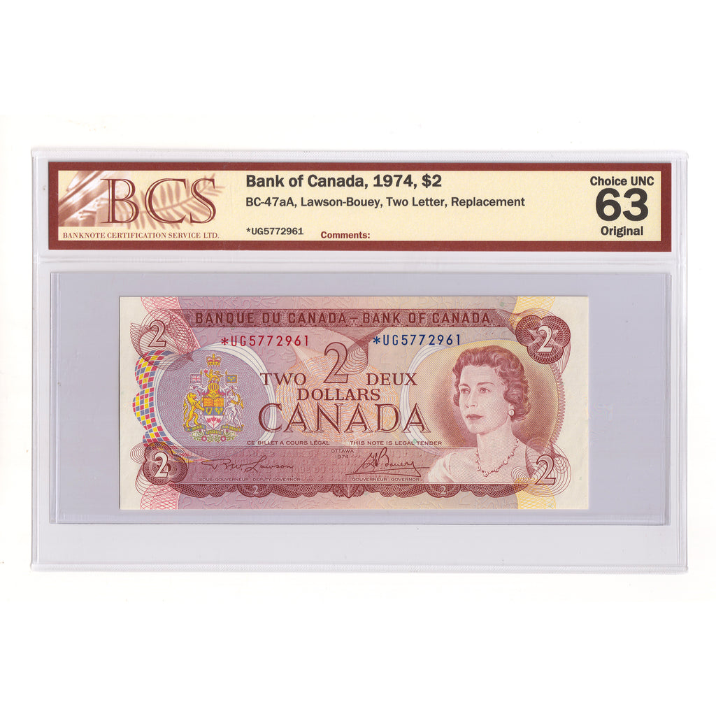 BC-47aA 1974 Canada $2 Lawson-Bouey, 2 Letter, Replacement, *UG BCS Cert CUNC63 Original