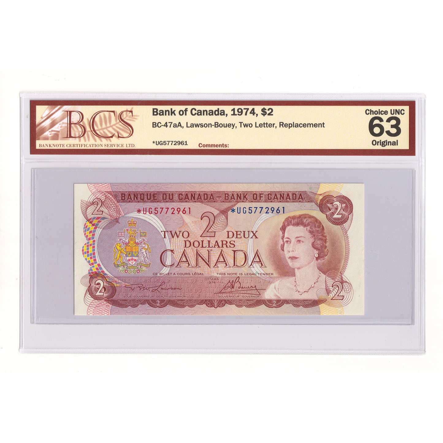 BC-47aA 1974 Canada $2 Lawson-Bouey, 2 Letter, Replacement, *UG BCS Cert CUNC63 Original