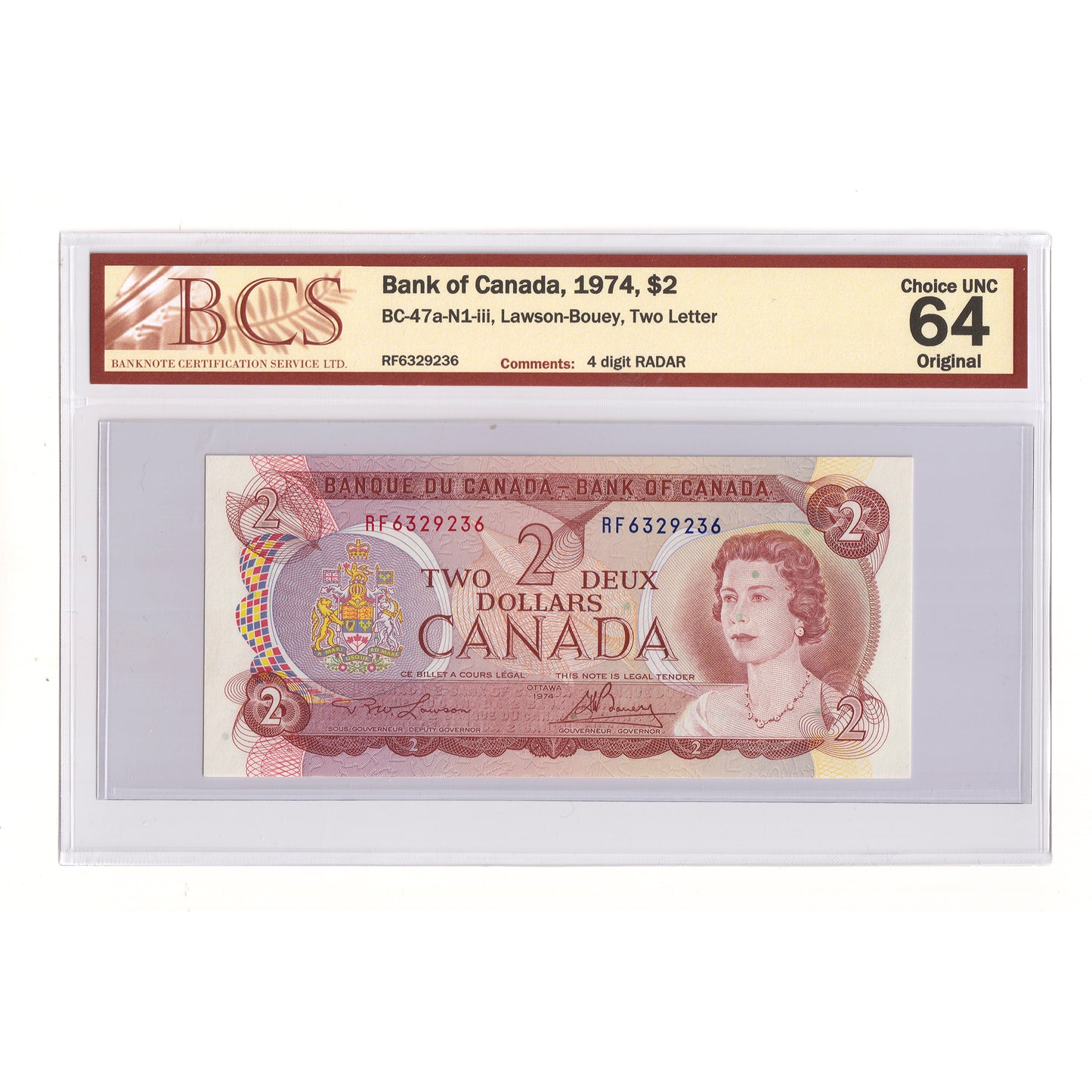 BC-47a-N1-iii 1974 Canada $2 L-B, 2 Letter, 4 Digit RADAR RF6329236 BCS Cert CUNC64 Orig