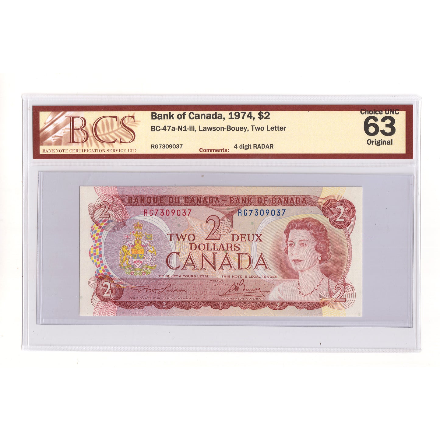 BC-47a-N1-iii 1974 Canada $2 L-B, 2 Letter, 4 Digit RADAR RG7309037 BCS Cert CUNC63 Orig
