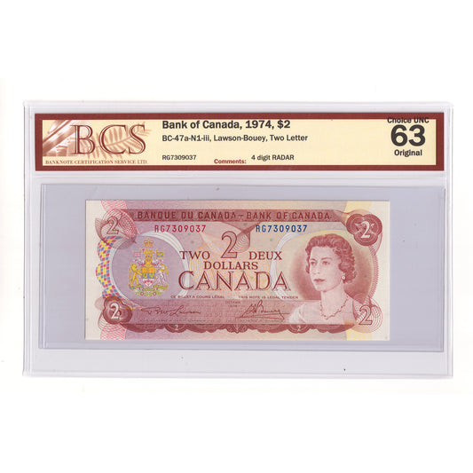 BC-47a-N1-iii 1974 Canada $2 L-B, 2 Letter, 4 Digit RADAR RG7309037 BCS Cert CUNC63 Orig