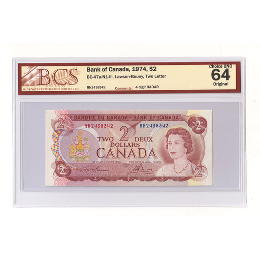 BC-47a-N1-iii 1974 Canada $2 L-B, 2 Letter, 4 Digit RADAR RH2438342 BCS Cert CUNC64 Orig