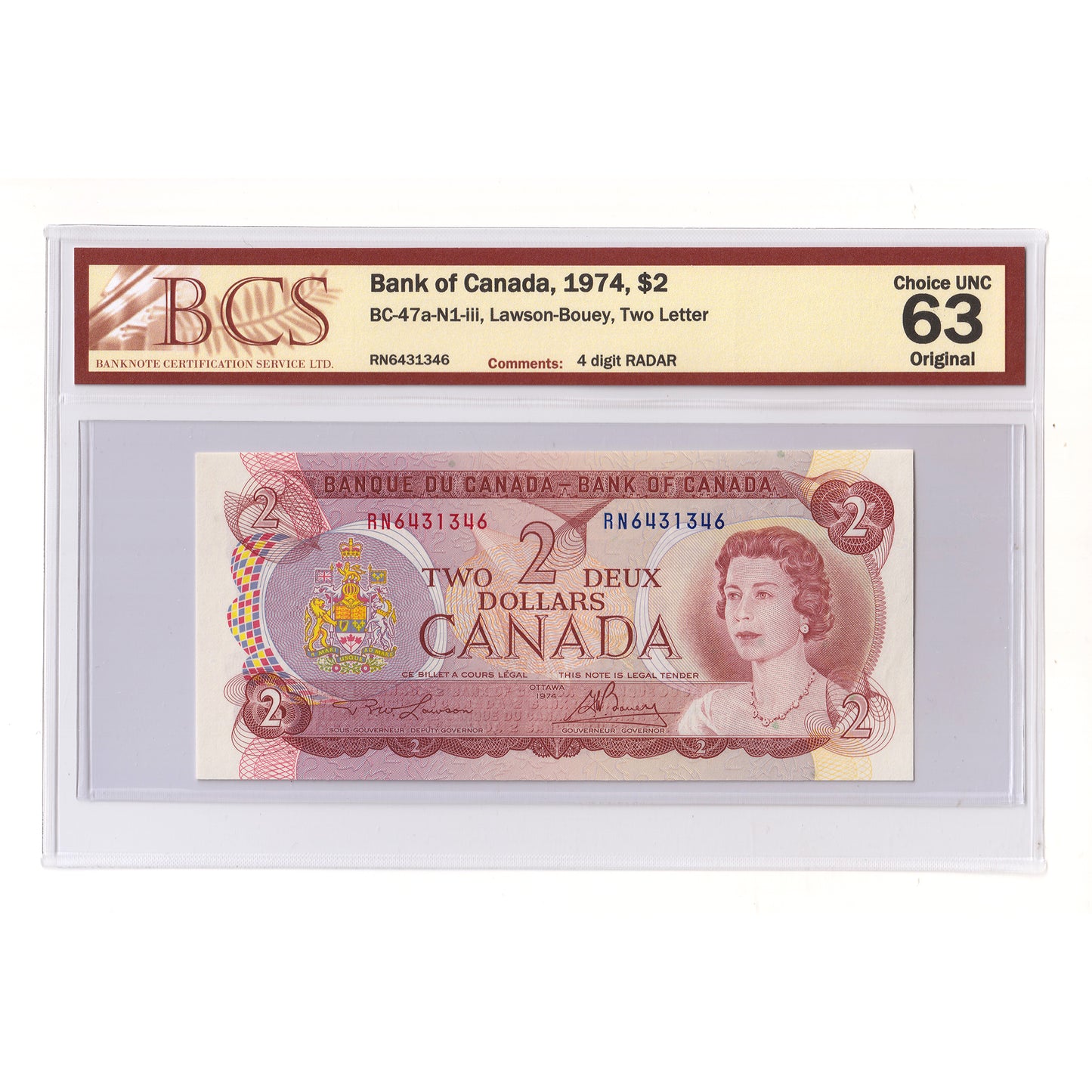 BC-47a-N1-iii 1974 Canada $2 L-B, 2 Letter, 4 Digit RADAR RN6431346 BCS Cert CUNC63 Orig