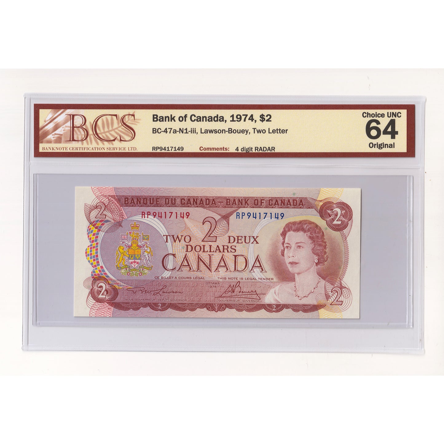 BC-47a-N1-iii 1974 Canada $2 L-B, 2 Letter, 4 Digit RADAR RP9417149 BCS Cert CUNC64 Orig