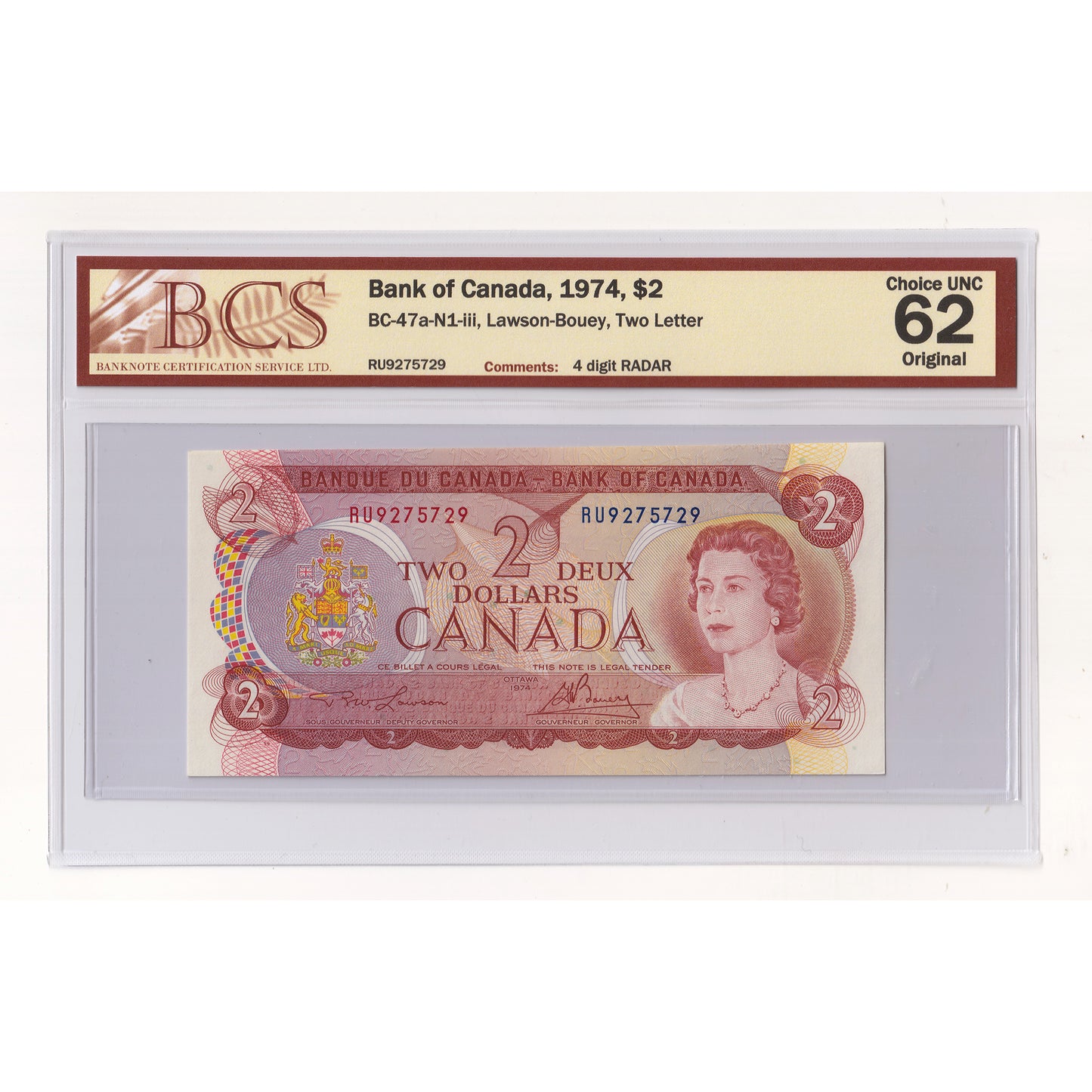 BC-47a-N1-iii 1974 Canada $2 L-B, 2 Letter, 4 Digit RADAR RU9275729 BCS Cert CUNC62 Orig