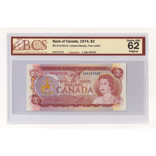 BC-47a-N1-iii 1974 Canada $2 L-B, 2 Letter, 4 Digit RADAR RU9275729 BCS Cert CUNC62 Orig
