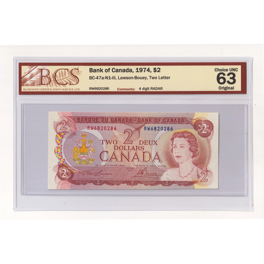 BC-47a-N1-iii 1974 Canada $2 L-B, 2 Letter, 4 Digit RADAR RW6820286 BCS Cert CUNC63 Orig