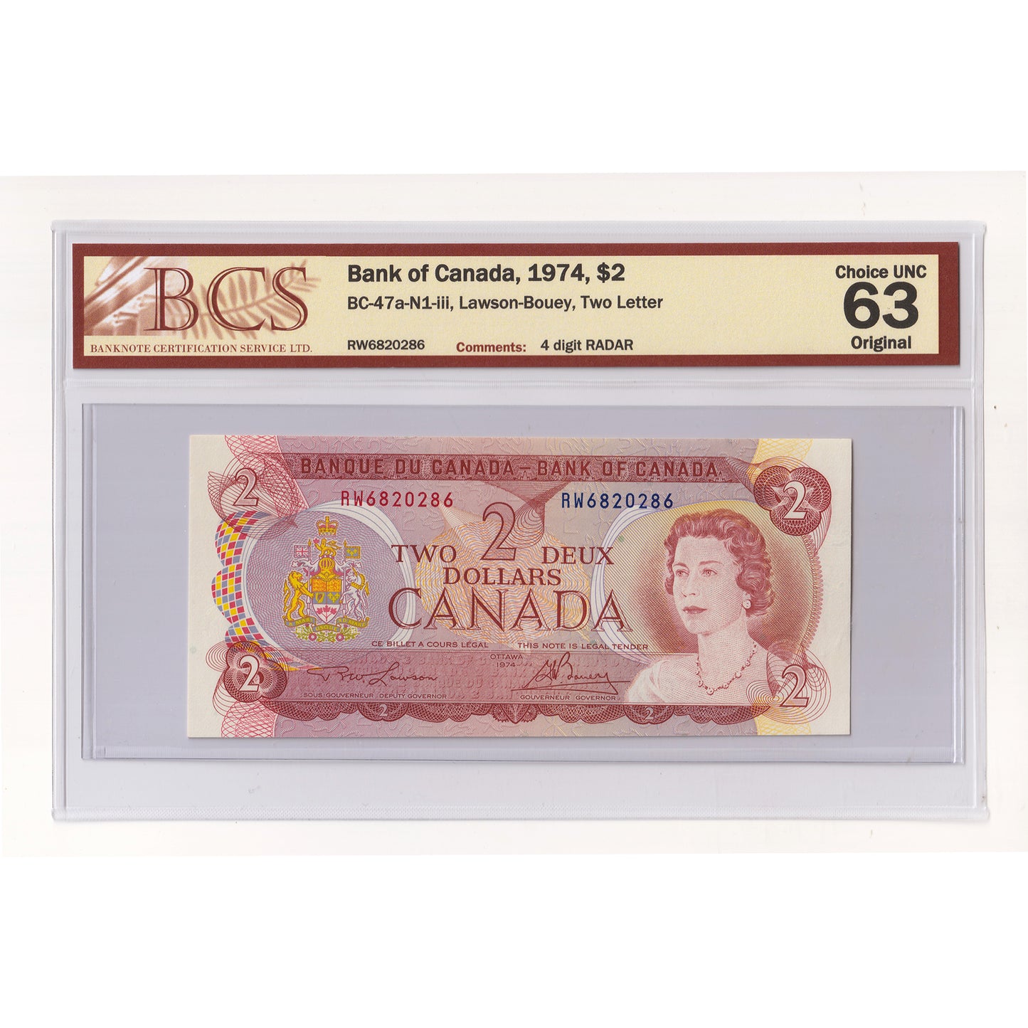 BC-47a-N1-iii 1974 Canada $2 L-B, 2 Letter, 4 Digit RADAR RW6820286 BCS Cert CUNC63 Orig