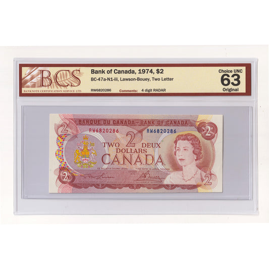 BC-47a-N1-iii 1974 Canada $2 L-B, 2 Letter, 4 Digit RADAR RW6820286 BCS Cert CUNC63 Orig