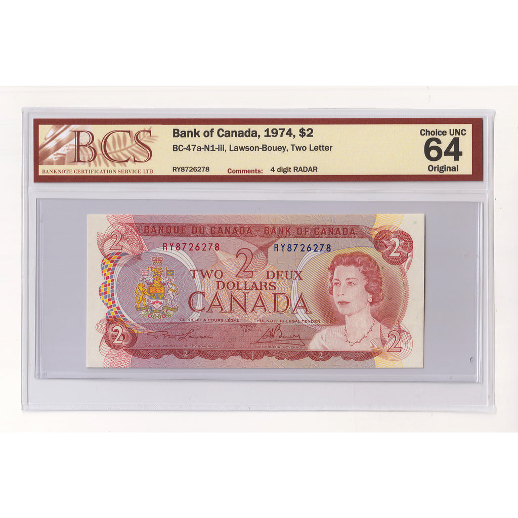 BC-47a-N1-iii 1974 Canada $2 L-B, 2 Letter, 4 Digit RADAR RU8726278 BCS Cert CUNC64 Orig