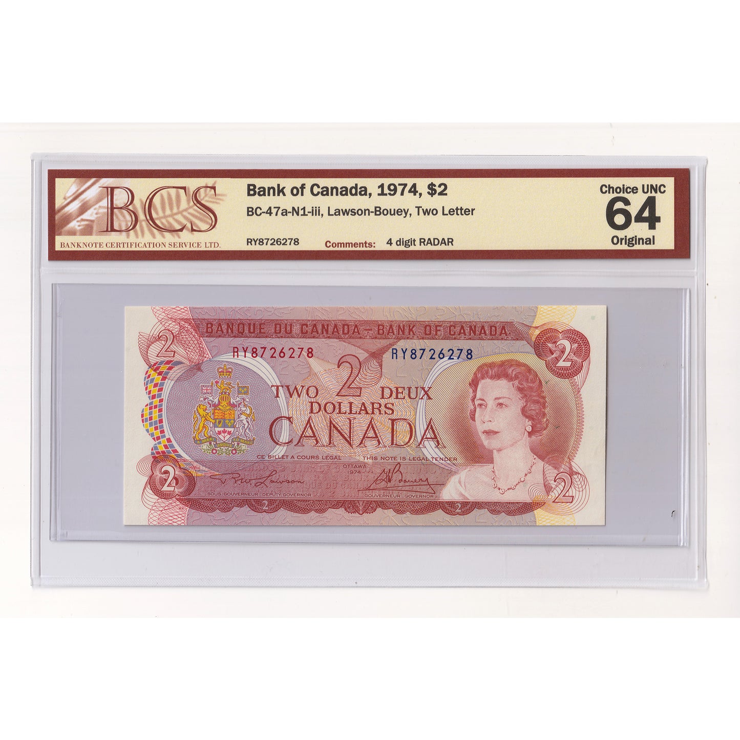 BC-47a-N1-iii 1974 Canada $2 L-B, 2 Letter, 4 Digit RADAR RU8726278 BCS Cert CUNC64 Orig