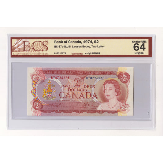BC-47a-N1-iii 1974 Canada $2 L-B, 2 Letter, 4 Digit RADAR RU8726278 BCS Cert CUNC64 Orig