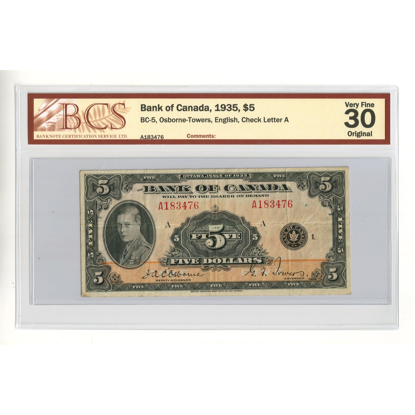 BC-5 1935 Canada $5 Osborne-Towers, English, Check Letter A BCS Certified VF30 Original