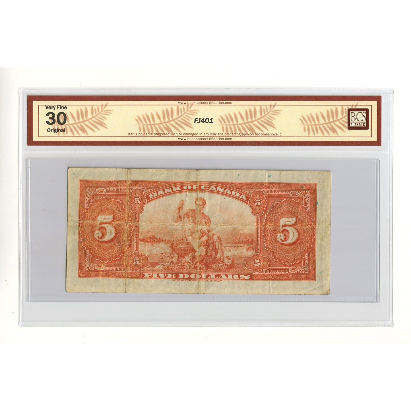 BC-5 1935 Canada $5 Osborne-Towers, English, Check Letter A BCS Certified VF30 Original