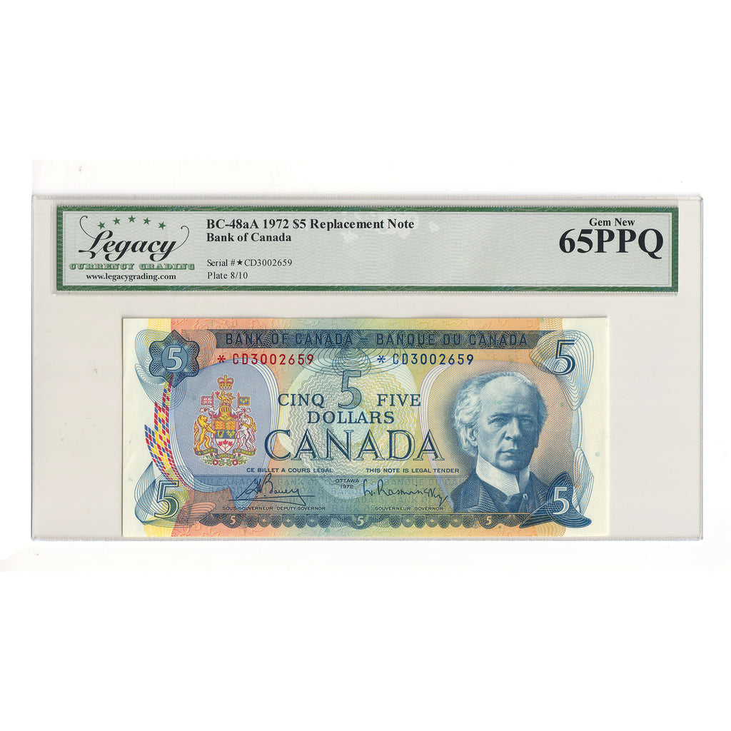 BC-48aA 1972 Canada $5 Bouey-Rasminsky, Replacement, *CD Legacy Certified GUNC65 PPQ