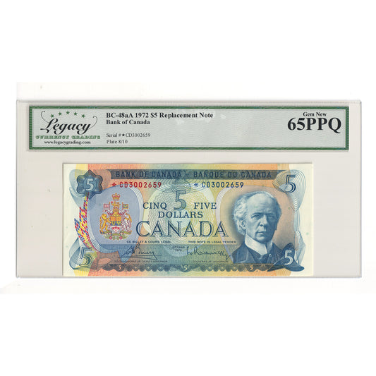 BC-48aA 1972 Canada $5 Bouey-Rasminsky, Replacement, *CD Legacy Certified GUNC65 PPQ