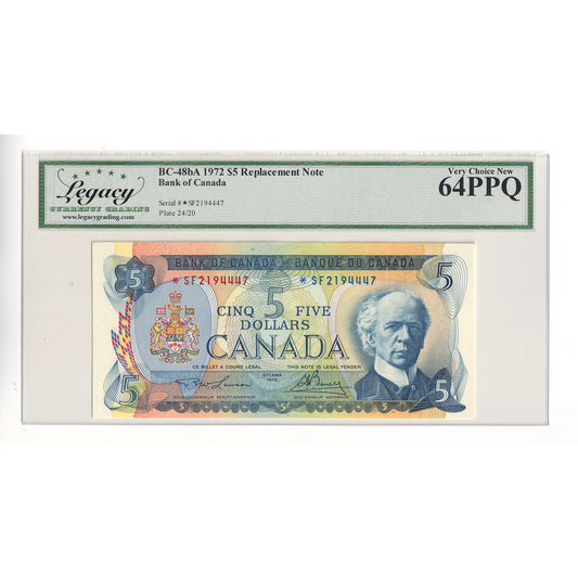 BC-48bA 1972 Canada $5 Lawson-Bouey, Replacement, *SF Legacy Certified CUNC64 PPQ