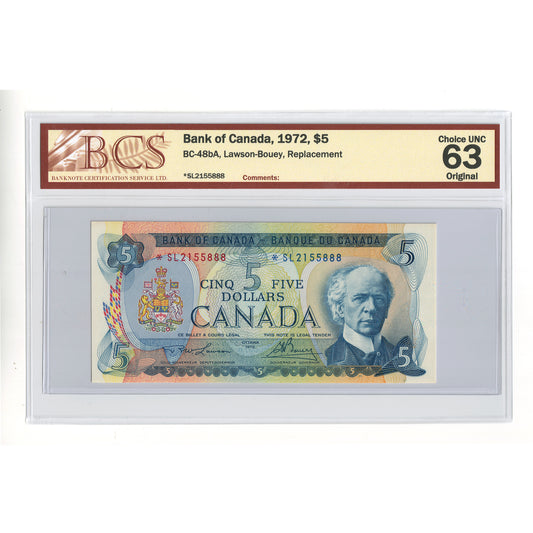 BC-48bA 1972 Canada $5 Lawson-Bouey, Replacement, *SL BCS Certified CUNC63 Original