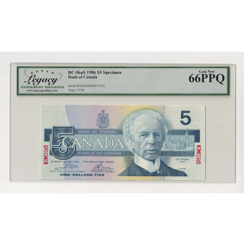 BC-56aS 1986 Canada $5 Crow-Bouey, Specimen 0705, ENA Legacy Certified GUNC66 PPQ