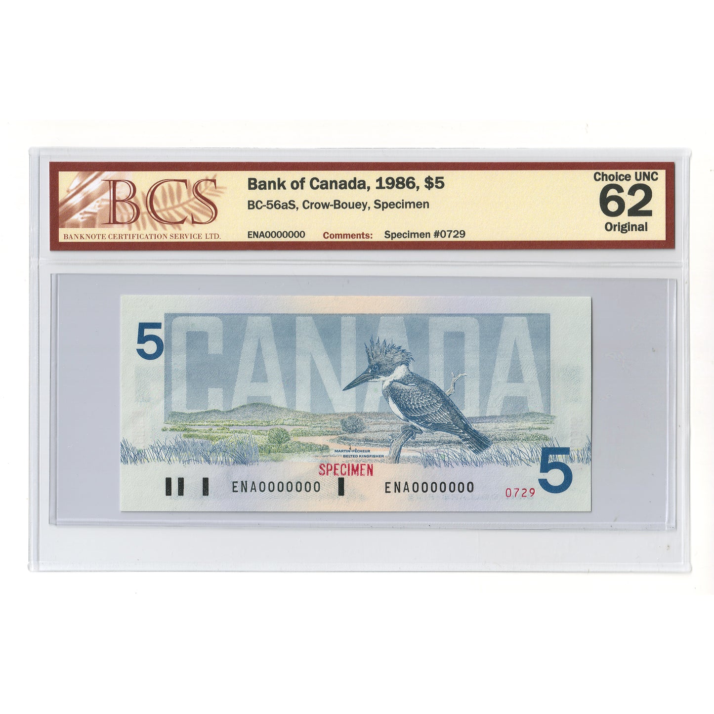 BC-56aS 1986 Canada $5 Crow-Bouey, Specimen 0729, ENA BCS Certified CUNC62 Original