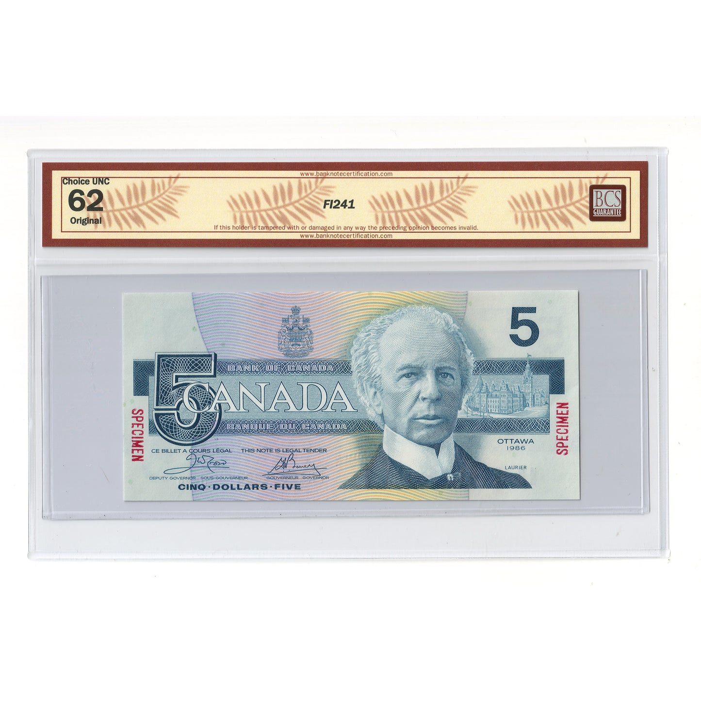 BC-56aS 1986 Canada $5 Crow-Bouey, Specimen 0729, ENA BCS Certified CUNC62 Original