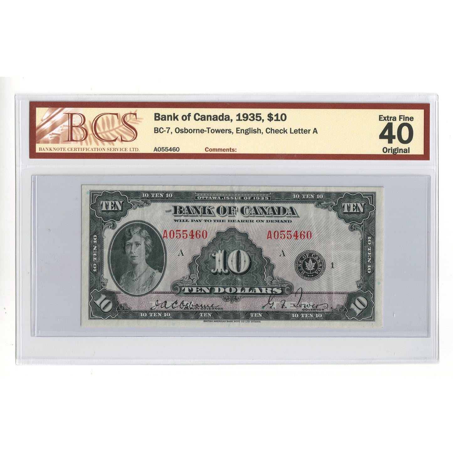 BC-7 1935 Canada $10 Osborne-Towers, English, Check Letter A, BCS Certified EF40 Original