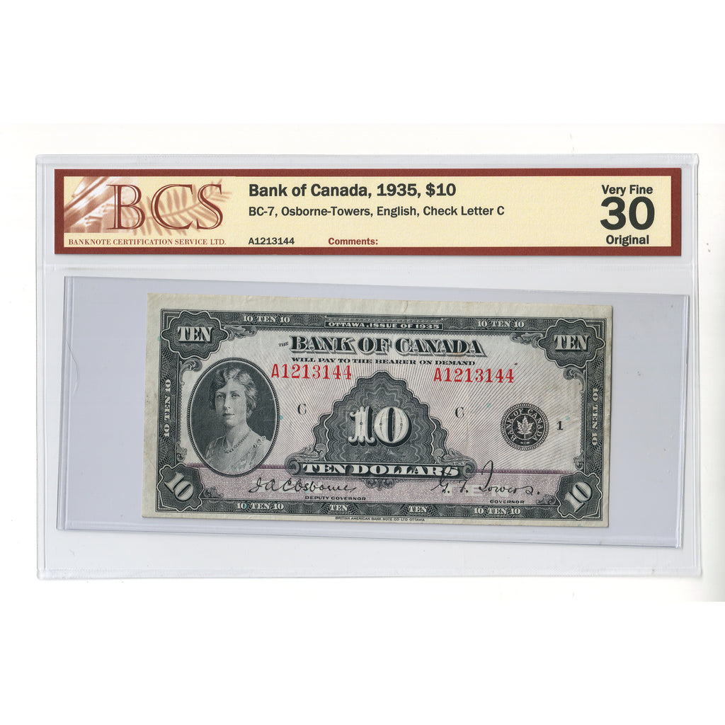 BC-7 1935 Canada $10 Osborne-Towers, English, Check Letter C, BCS Certified VF30 Original