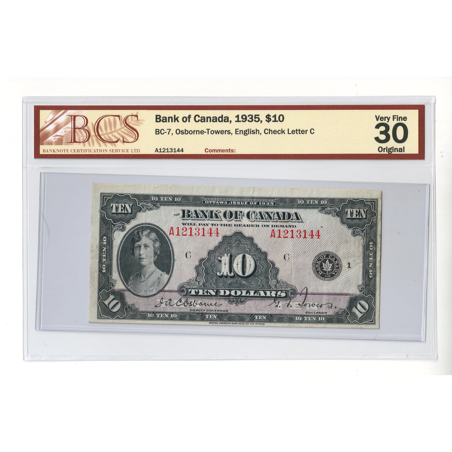 BC-7 1935 Canada $10 Osborne-Towers, English, Check Letter C, BCS Certified VF30 Original
