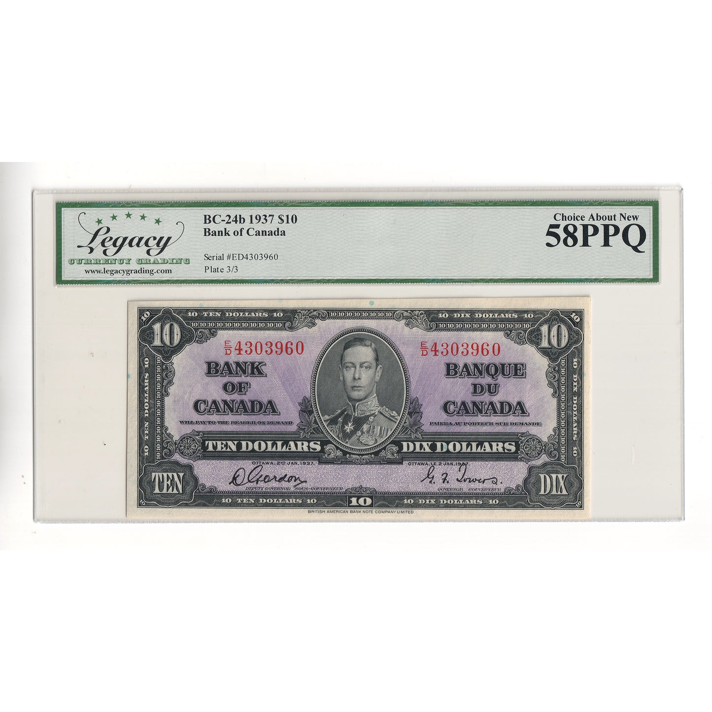 BC-24b 1937 Canada $10 Gordon-Towers, E/D Legacy Certified AU58 PPQ